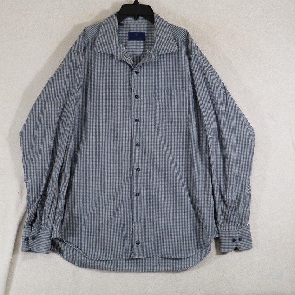 David Donahue Mens XXL Blue Gray Check Dress Shirt Long Sleeve 100% Cotton